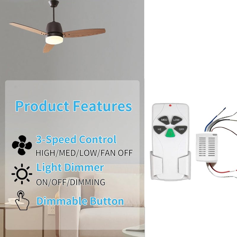 Smekitlly 2 Pack Small Size Universal Ceiling Fan Remote Control Kit with Light Dimmer, 3 Speed Fan Controller Mini Receiver Replacement for Hampton Bay/Hunter/Harbor Breeze/Westinghouse/Honeywell and More - Image 2